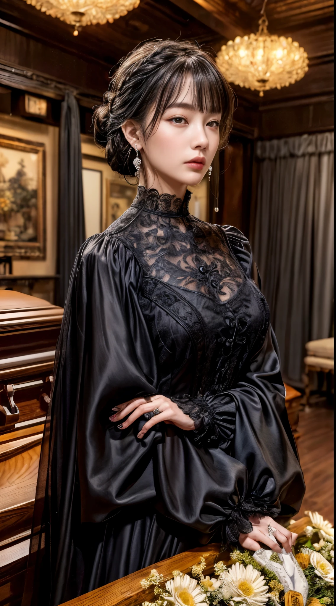 Cowboy Shot、(Updo with bangs)、straggling hair、Black Hair、(Hanging Hair)、((widow))、((mourning dress))、((((Black long sleeve mourning clothes))))、(((Japanese-style room)))、((((Funeral))))、Black formal wear、Highest quality,(RAW Photos:1.2)、(Realistic:1.4),(High resolution:1.4), 1 Girl, Written boundary depth,, Exquisitely crafted,8K, Very detailed, Perfect lighting, Spectacular Background、((Delicate painting))，(女の子の詳細なRAW Photos),(Highest quality:1.6), (超High resolution:1.5), (Realistic:1.75), 8K resolution, Canon EOS R5, 50mm,  Very detailedな,Cinema Lighting,Correct finger、sit、Pearl Necklace、Pearl Earrings、(Clothing that covers the chest)、((There is a coffin))、((Minimally revealing clothing))、(The altar is decorated with a bouquet of chrysanthemums.)、candlestick、