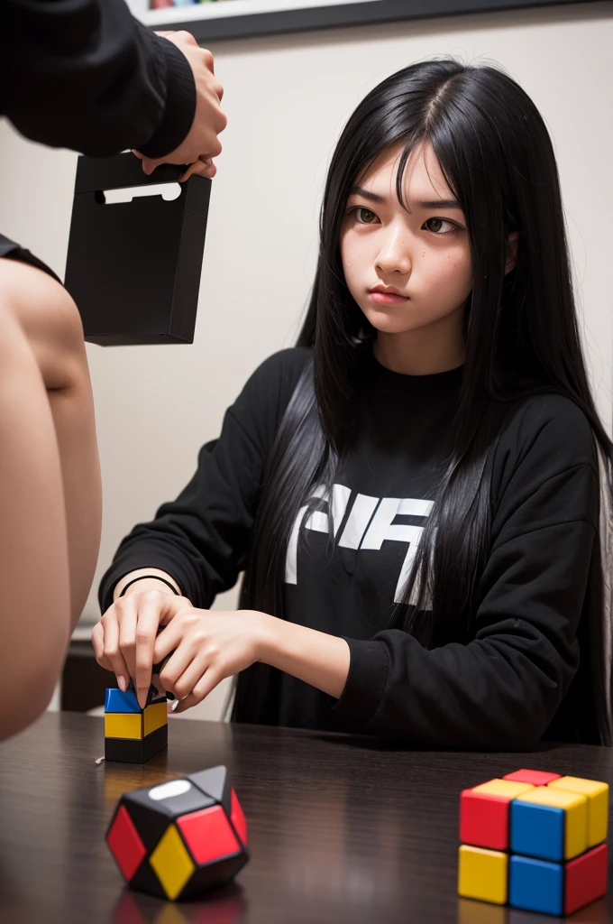 a girl with long black hair crushing a Rubik's Cube in anger 