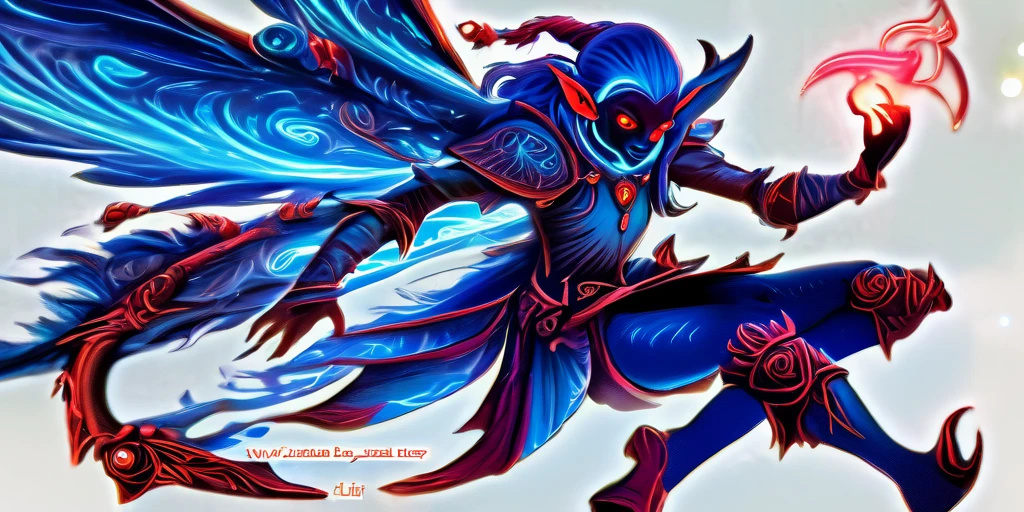 Ancient anime style, artbook, comicbook, RPG, futuristic medieval. In a magical forest with lush tones, with magical flourishing vegetation, giant flourishing trees, with shining stars in the sky, flourishing clouds. Wide scenery, with two vanishing points, cinematic scene with several layers of depth, dynamics, magical lighting. A flying fairy demon elf wizard, wearing blue medieval magic armor with glowing magic markings, dynamic pose, full body, human face with glowing blue magic tribal tattoos with fancy tones, magic stone matte red skin with glowing carved markings, demon features and fairy, horn with glowing red magic markings, red demon tail, blooming blue fairy wing, glowing eyes, wearing a red demon horn magic dagger with glowing magic markings.