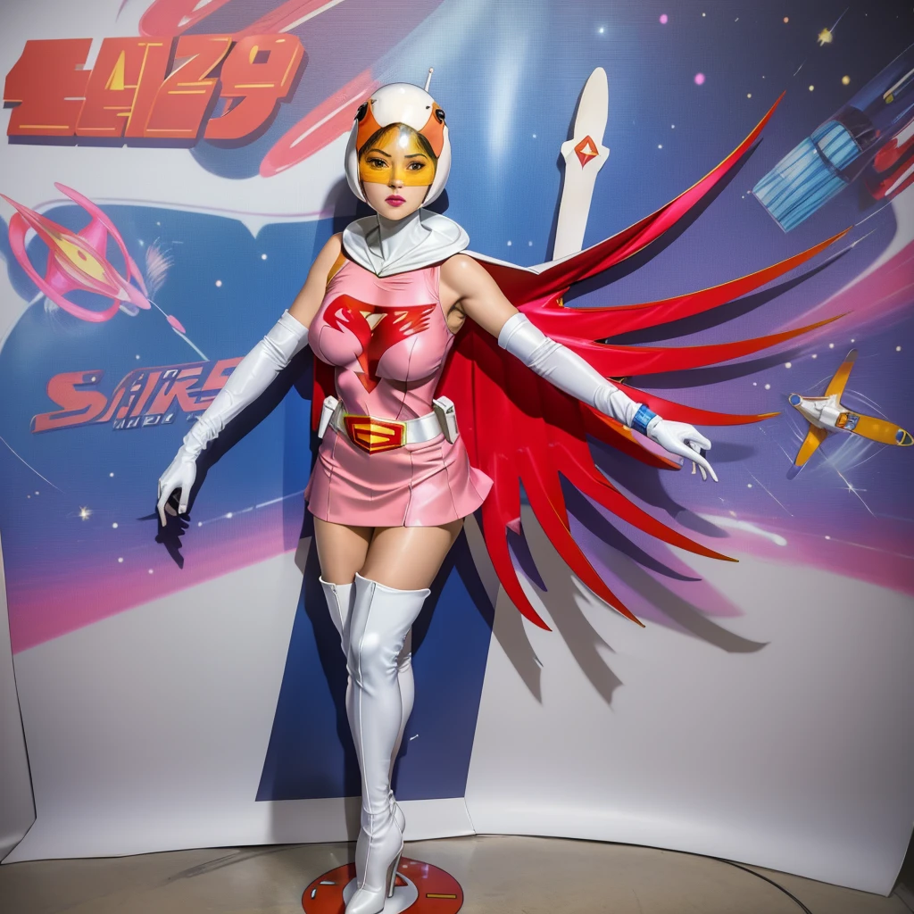 ANI_CLASSIC_jun_gatchaman_ownwaifu,1girl, 15yo,good anatomy, masterpiece, best quality,realistic, hyper realistic, 16k hdr, long hair,breasts,lips,large breasts,lipstick,makeup,gloves,cape,helmet,belt,elbow gloves,white gloves,mask,ultra miniskirt,leotard,spacesuit,white tight overknee highheels boots,pink dress,superhero,bodysuit,cleavage,erected nipples,(stand pose,hands on hip),(spread legs:1.1)