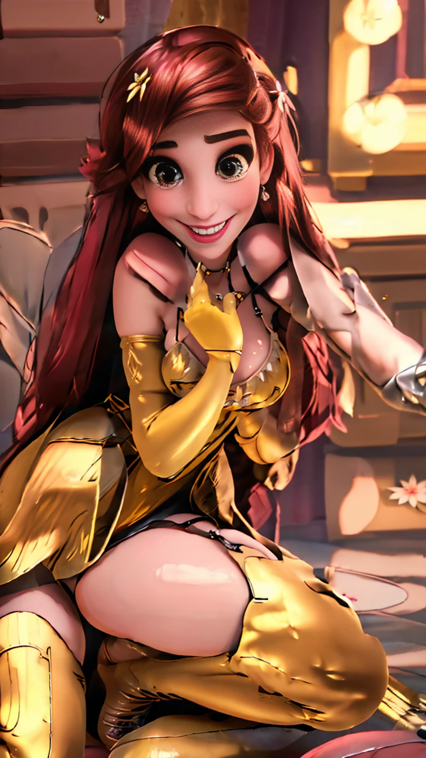 ((Full body photo, standing, feet on the floor)) belle, (full body), (masterpiece:1.2), (best quality), (ultra detailed), (8k, 4k, intricate), (highly detailed:1.2),huge breasts, smile, brown hair, gloves, yellow lingerie, brown eyes, jewelry, flower, earrings, elbow gloves, makeup, nsfw