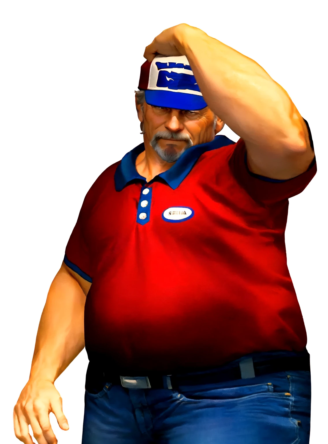 a close up of a man in his 60s wearing a red shirt and blue jeans, rising index finger, as a character in tekken, beefy, realistic textures, jeff bridges with a goatee, best friend with closed mouth as to say "damn!", happy, Out Run 2 flagman, 2 k, 2k, muscular bernie sanders, buff man, character from king of fighters, robust stocky body, hide the pain harold, name of character is flagman, sad face, rising a open hand at the sky, his cap has a SEGA logo on it, (short GREY hair), he looks truly disappointed by your performance