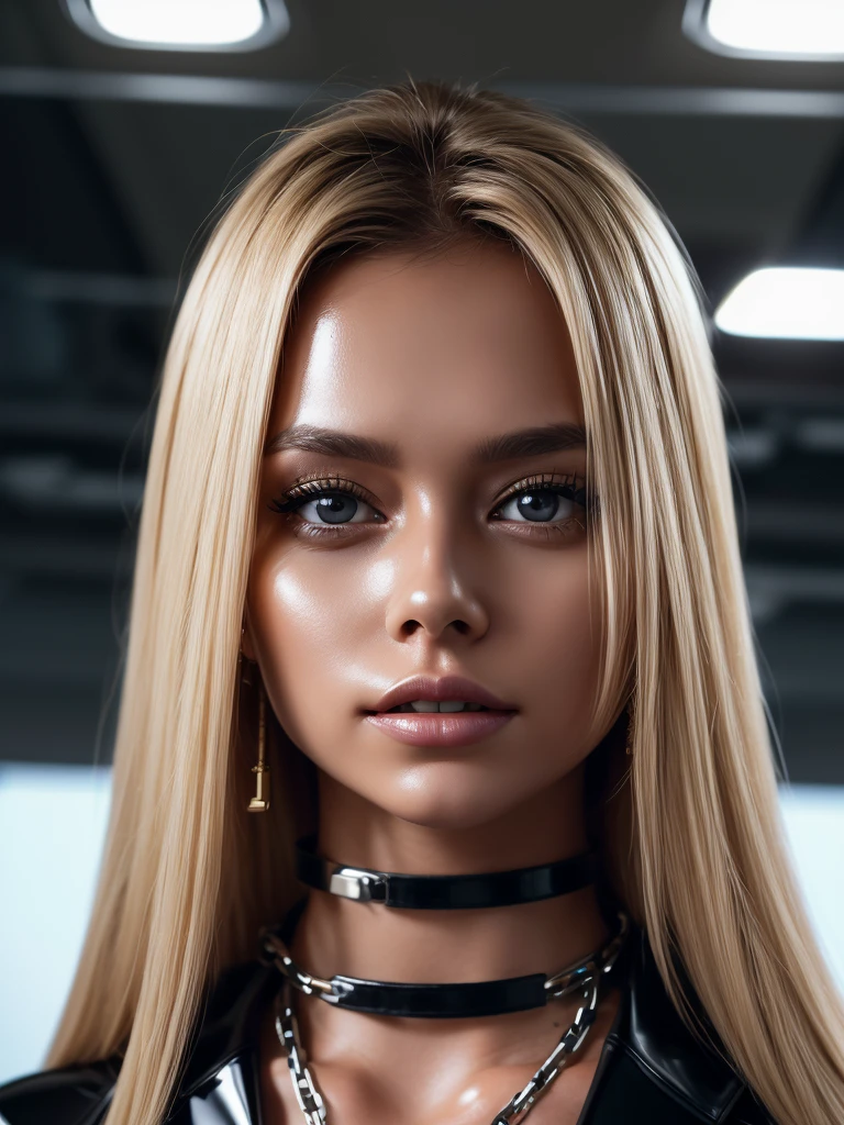 Cristy Ren with long blonde hair as a business CEO, professional hairstyle, perfect eyes, high arched eyebrows, (professional latex dress with chains and big belt:1.3), backlight on hair, shallow depth of field, facing the camera, looking down at viewer, hi-res, 8k, cinematic light, smirk, in a high rise office at night after hours, subdued lighting, office desk and chair,