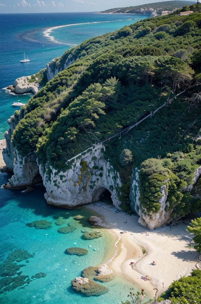 a beautiful golden cape on the island of brac, croatia, serene landscape, dramatic cliffs, crystal clear turquoise waters, sandy beach, lush green foliage, dramatic lighting, cinematic atmosphere, vibrant colors, ultrarealistic, 8k, award winning photograph, professional photography