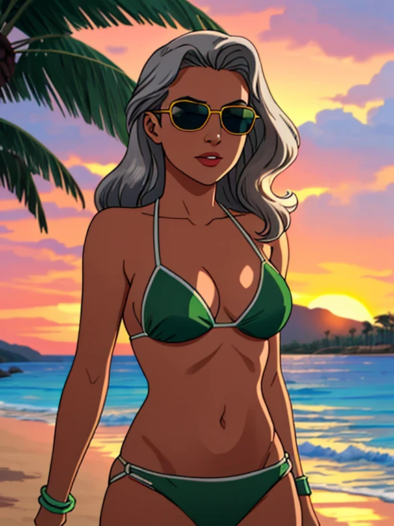 (Detailed face:1.2), (Detailed eyes:1.2), (Hourglass figure:1.2), 1girl, solo, bombshell of a 36-years-old woman, tan olive skin, sun-soaked, long blonde hair, wavy hair, pony tail style hair, green eyes, ((Wearing a flossing green bikini and silver bracelets)), walking, beautiful beaches, palm trees, beach resort, beach vacation, summer getaway, relaxed atmosphere, cinematic lighting, sunset, detailed background. She has a chaste, pure air to her, that exudes old-world feminine charm and beauty, innocence