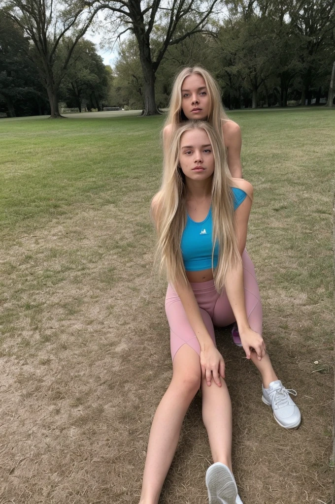 A 18-year-old blonde woman, ((hiperrealismo))textured skin, goosebumps, perfect eyes. Blonde hair with light brown roots. cabello rubio, Hair with brown roots, extra long hair, really long hair. photo taken with iPhone, Porta 160 color. Provocative pose. at the park. Wearing blue leggings and pink tank top. Warming up on the floor (pre exercising) provocative. Picture taken with an iPhone, high quality