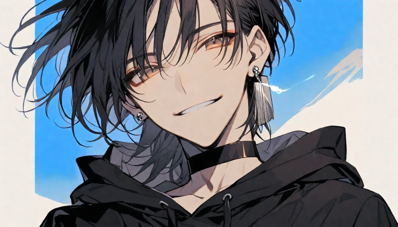 solo, handsome, monotone,
1. male, cigarette,
Hime cut,Straight Hair,Bob Hair, ponytail,
black hair,
Nakano Yotsuba,
brown Eyes,Soft look,beautiful,beautiful,Sexy,Darkness,Lots of silver earrings,choker,
black hoodie ,smile,skin,
simple background,Blue Sky,