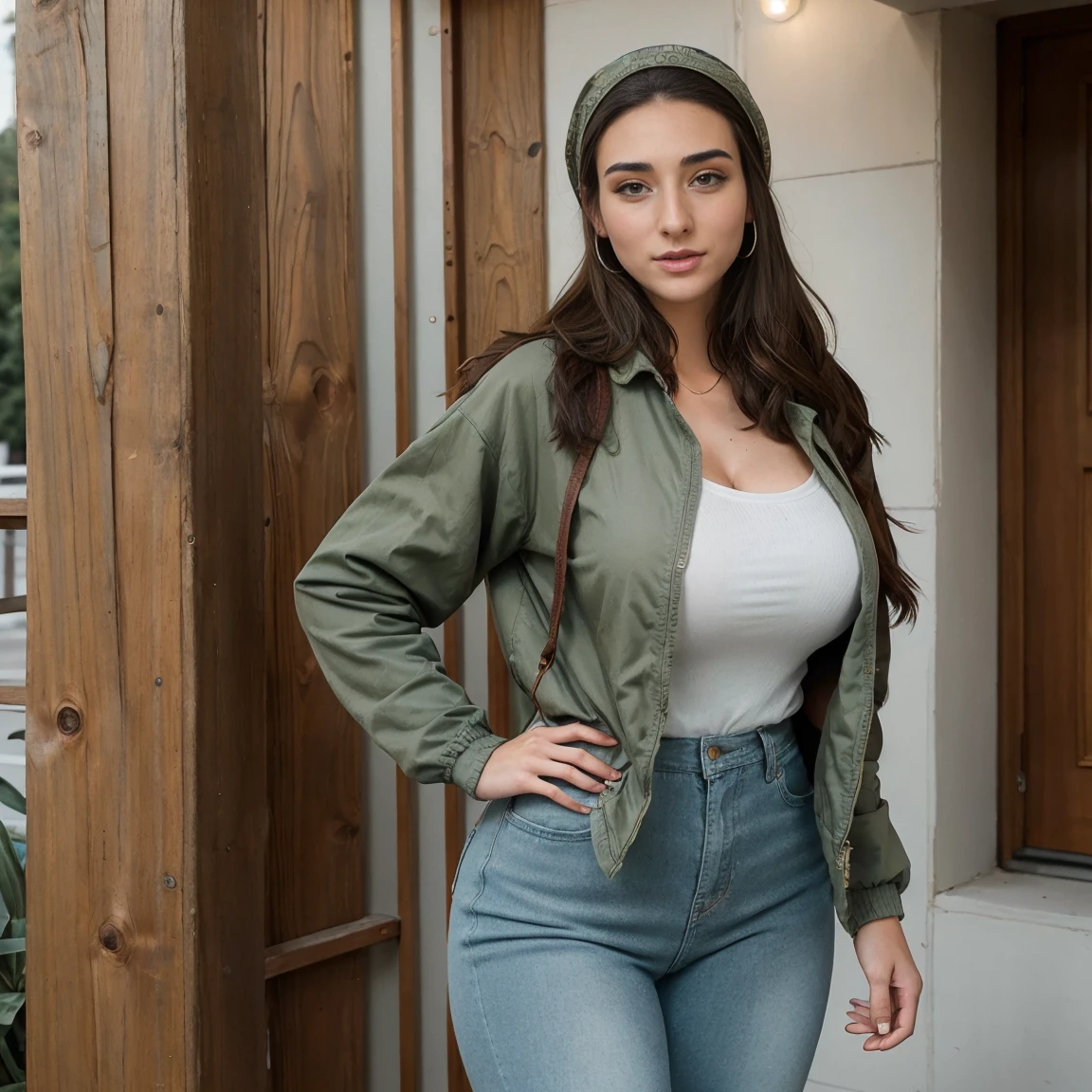 Extremely busty thin and toned brunette photographer, college girl, fair skin, loose side sweep, soft face, athletic, bandana babushka headwrap, tight olive green casual windbreaker, skinny jeans. standing in front of her apartment building, outdoors, city, camera bag, cleavage