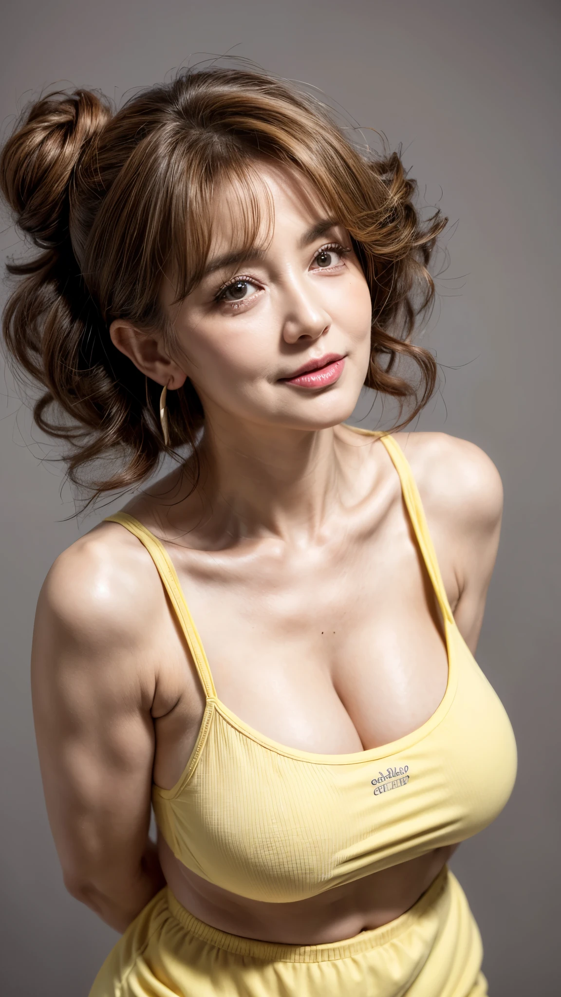 Beautiful elderly woman, cute,sexy,55 years old,,sexy, old woman,Big saggy  Breasts, skimpy halter yellow clothing, Side boob, Curly Hair bunches like a school girl, loop earrings, hair bunches, cute hair, rosey cheeks,  arms straight up, plain grey background