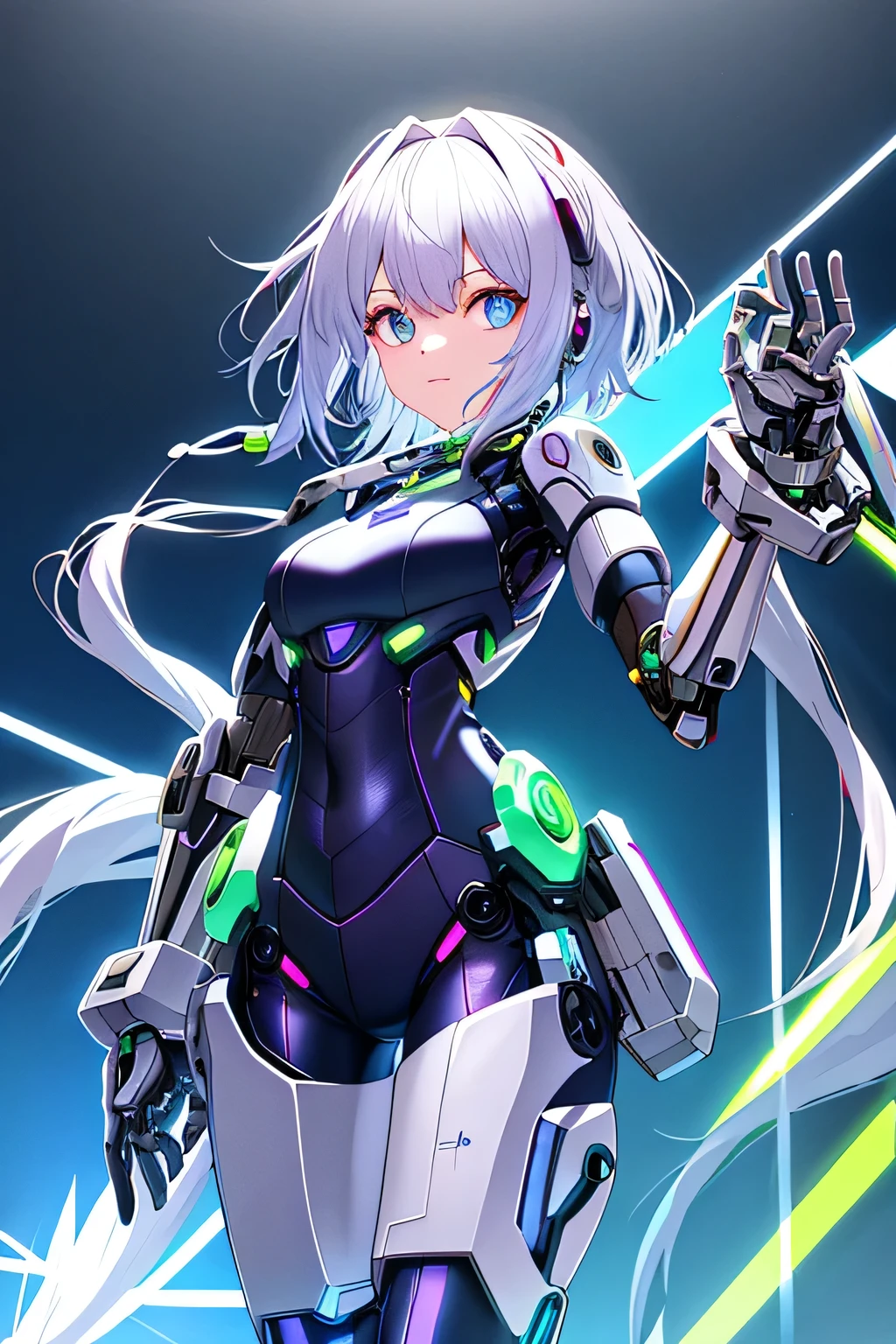 Glowing cyber girl with cybernetic arm,(J Women's Uniform,Sailor suit,White Skirt,)Standing in a post-apocalyptic battlefield.Surrounded by a network of wires. surrounded by circuits. (Cyber Girl with a glowing orange sword:1.3), Shiny Silver Short Hair,Messy ponytail,Cute Smile,Perfect round face,Iris,A bright smile that makes everyone happy,Proper body balance,Intricate details,Very delicate and beautiful hair,Photo Real,dream-like,Professional Lighting,Realistic Shadows,Focus Only,Beautiful Hands,Beautiful fingers,Detailed finger features,Detailed clothing features,Detailed hair features,Detailed facial features,(Tabletop,Highest quality,Ultra-high resolution output images,) ,(8K quality,),(Picture Mode Ultra HD,),(Picture Mode Ultra HD),,Sci-fi fantasy