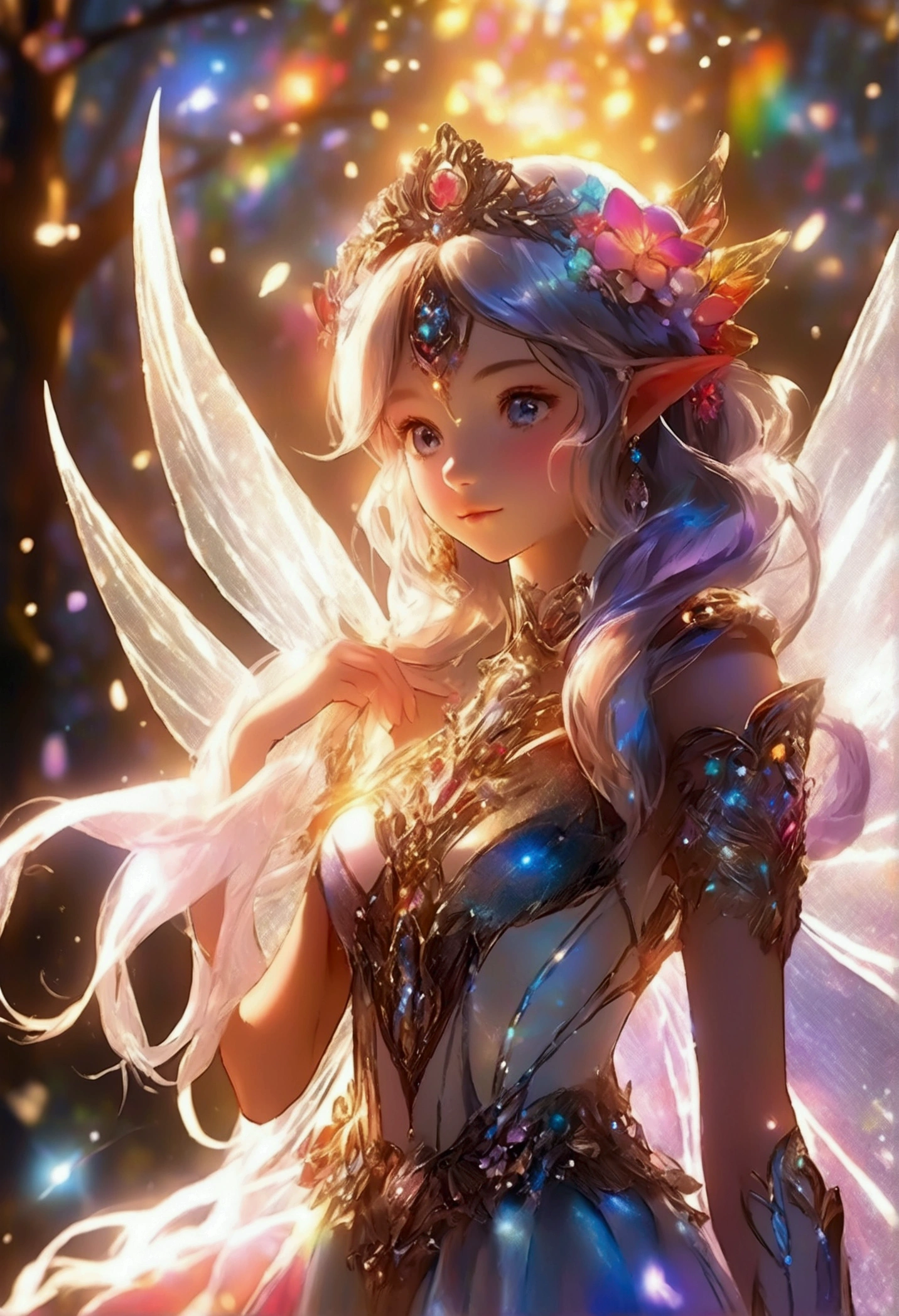concept art ethereal fantasy concept art of anime artwork A fairy, Flowers, a fantasy-themed digital painting, enchanted forest at night, featuring ultra-highly detailed, photorealistic twinkling flowers with rainbow colors and ceramic textures, center-aligned and close-up, intricate pose with hyper-detailed clarity and sharp focus, extreme details, High quality, ArtStation, black to highlight the night setting, with light and sparkle effects to enhance the magical ambiance, high-quality studio photo, emphasizing intricate details and the ethereal beauty . anime style, key visual, vibrant, studio anime, highly detailed . magnificent, celestial, ethereal, painterly, epic, majestic, magical, fantasy art, cover art, dreamy . digital artwork, illustrative, painterly, matte painting, highly detailed