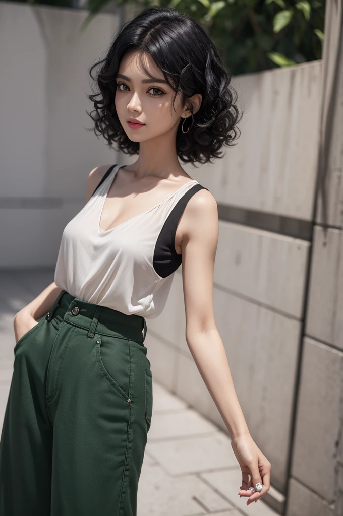 in 3d,with medium fair skin,strong green eye,curly black hair,thin lips, wearing loose pants and a sleeveless blouse