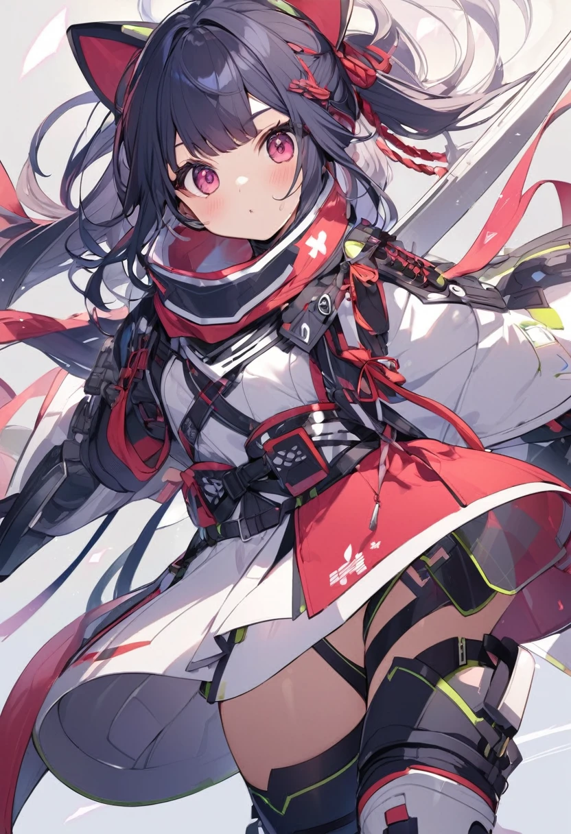 Crie uma imagem de Yae Miko, a smiling character with a friendly expression on her face. Ela tem coxas fortes e bem definidas. His appearance is confident and determined. She's wearing an elegant combat suit., com detalhes em cores vibrantes. in her hands, She holds a shiny futuristic weapon. The image should capture Yae Miko's energy and powerful presence