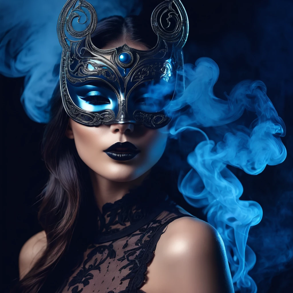 woman with a sensual mask, fashion sexy, black moon background, 8K, blue light, with smoke