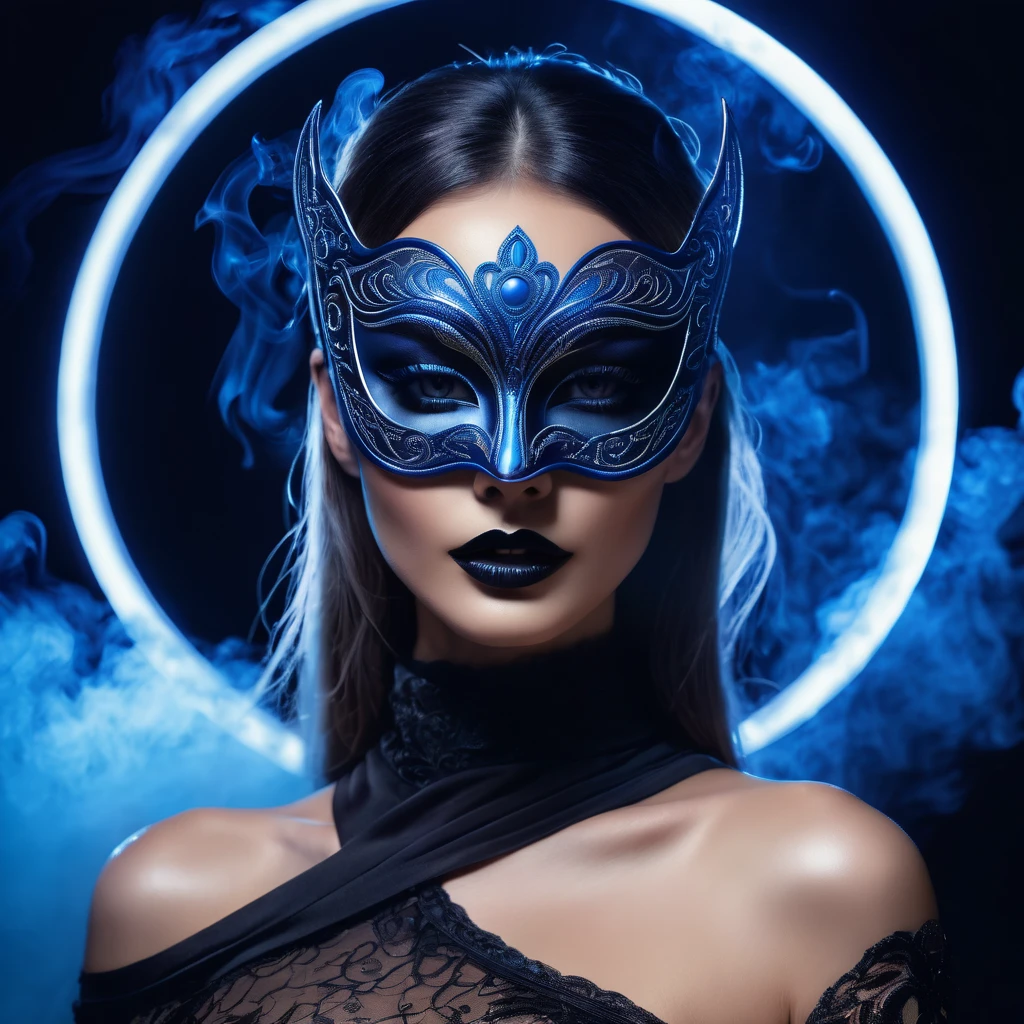 woman with a sensual mask, fashion y, black moon background, 8K, blue light, with smoke