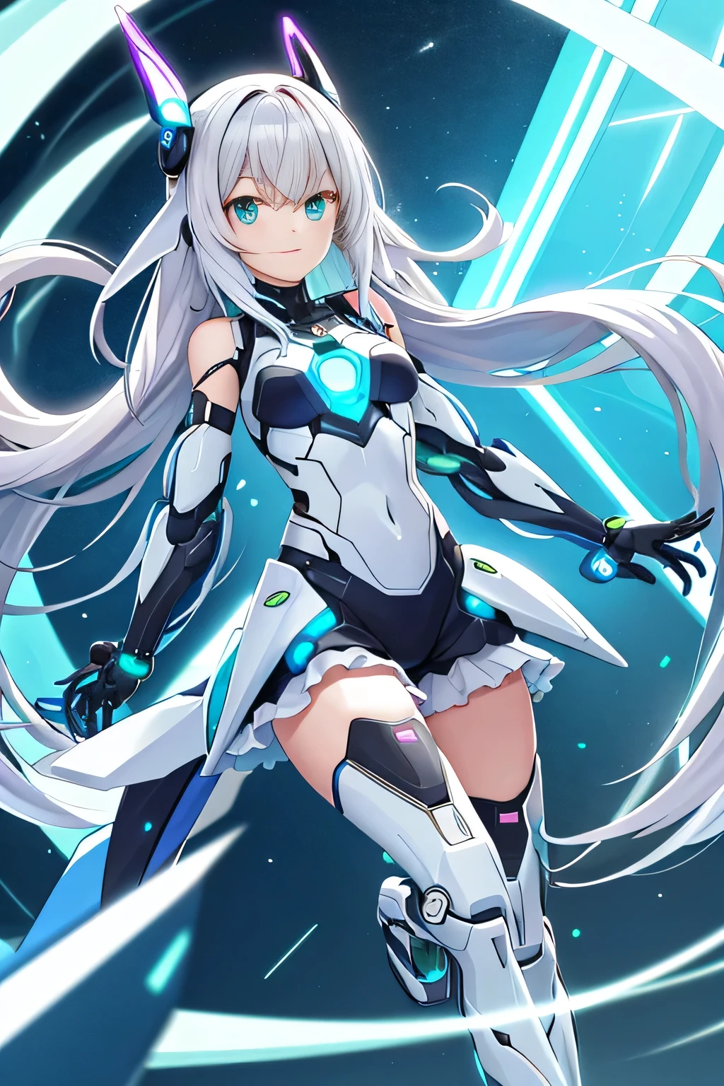 Glowing cyber girl with cybernetic arm,(J Women's Uniform,Sailor suit,White Skirt,)Standing in a post-apocalyptic battlefield.Surrounded by a network of wires. surrounded by circuits. (Cyber Girl with a glowing orange sword:1.3), Shiny Silver Short Hair,Messy ponytail,Cute Smile,Perfect round face,Iris,A bright smile that makes everyone happy,Proper body balance,Intricate details,Very delicate and beautiful hair,Photo Real,dream-like,Professional Lighting,Realistic Shadows,Focus Only,Beautiful Hands,Beautiful fingers,Detailed finger features,Detailed clothing features,Detailed hair features,Detailed facial features,(Tabletop,Highest quality,Ultra-high resolution output images,) ,(8K quality,),(Picture Mode Ultra HD,),(Picture Mode Ultra HD),,Sci-fi fantasy