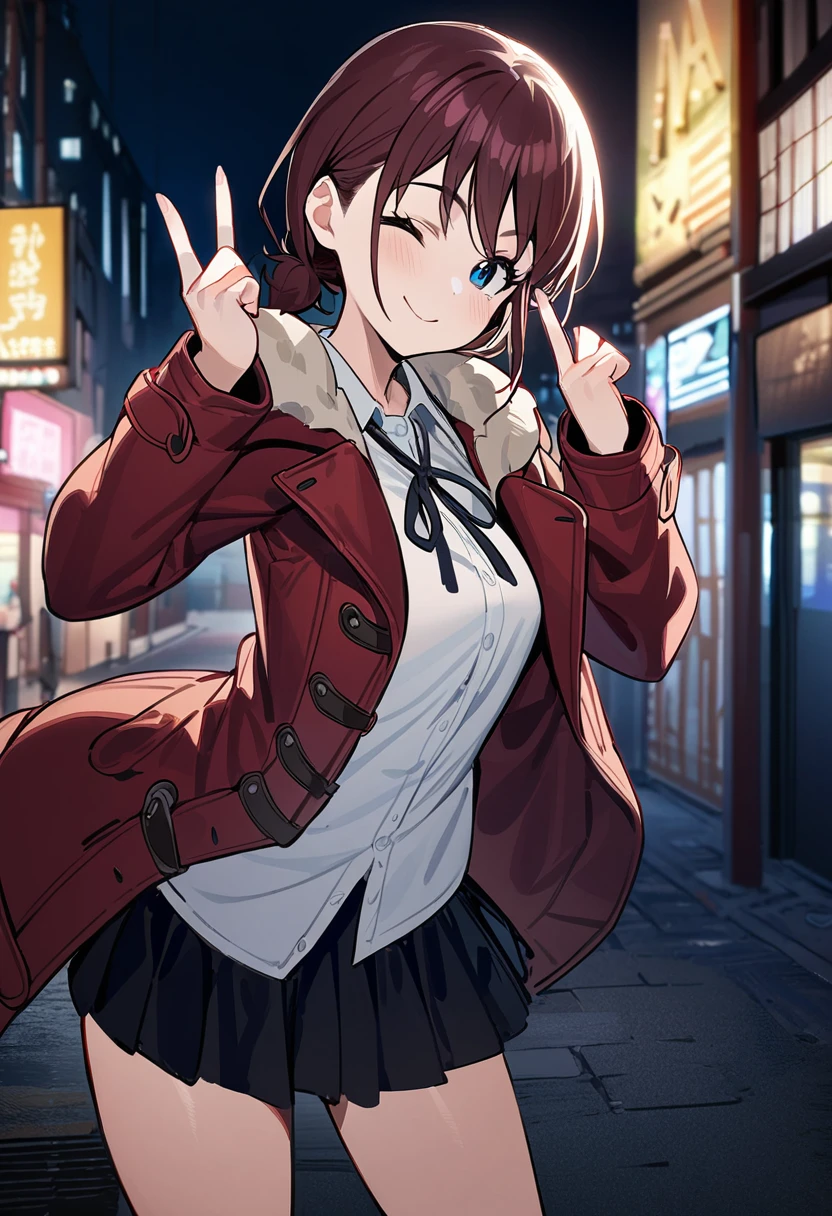 A girl,iseri nina, with a smiling face,eyes closed,tilt head,wearing a white shirt, a strap tie, a red duffle coat, and a skirt. The woman is standing with both hands raised, showing middle fingers,fuck you, night street at downtown, 
masterpiece, best quality, absurdres,