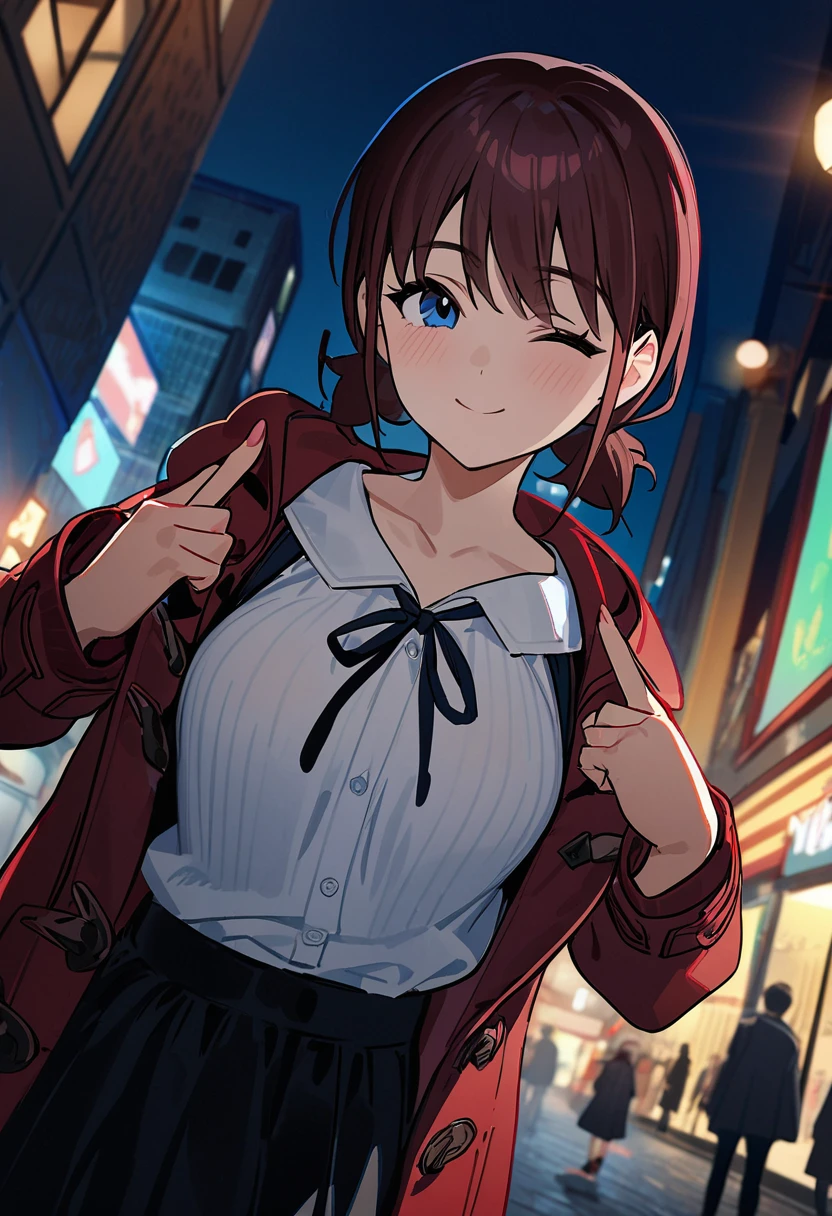 A girl,iseri nina, with a smiling face,eyes closed,tilt head,wearing a white shirt, a strap tie, a red duffle coat, and a skirt. The woman is standing with both hands raised, showing middle fingers,fuck you, night street at downtown, 
masterpiece, best quality, absurdres,