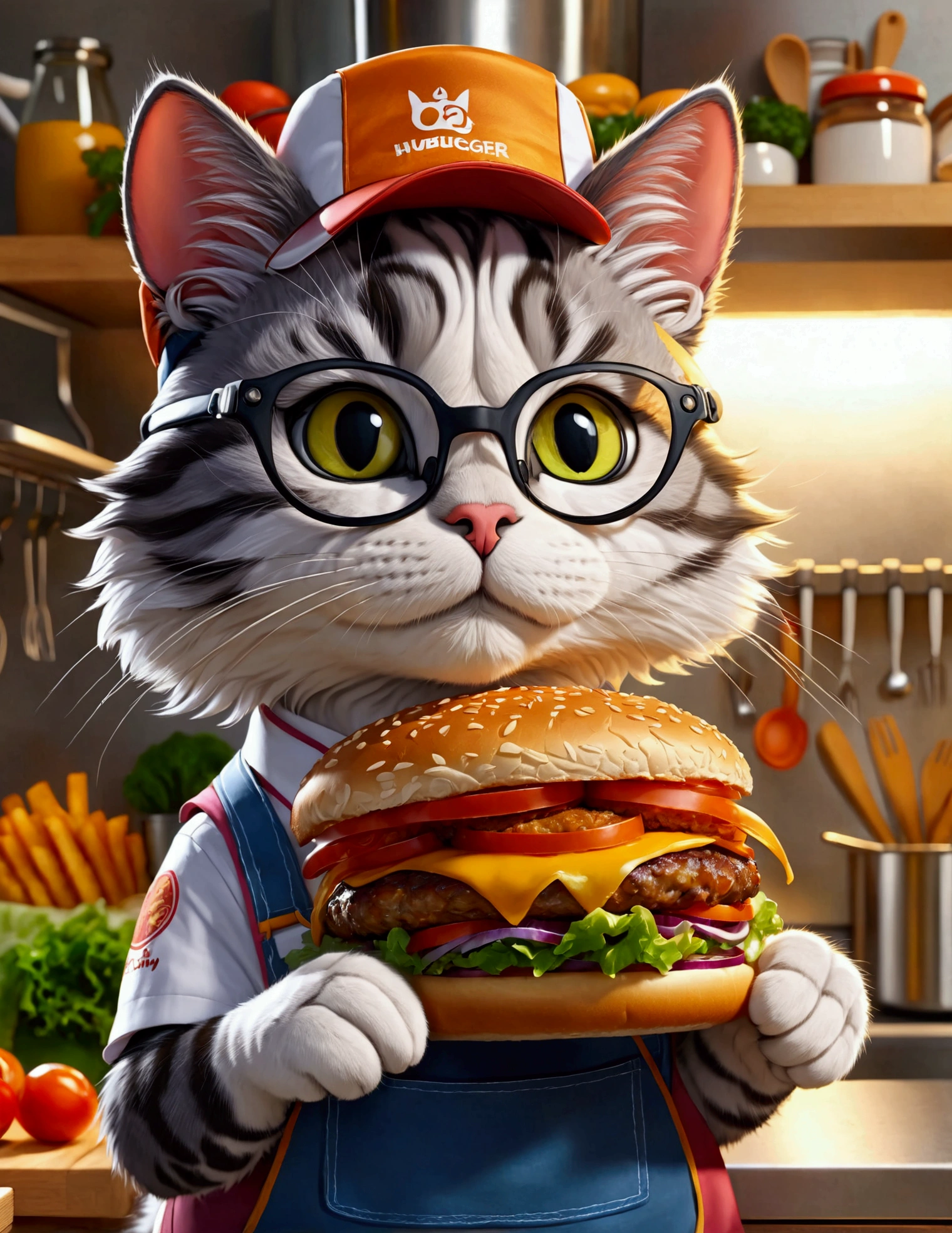 (Close-up of anthropomorphic cat puts hamburger inside ornate package:1.3) in (dynamic pose:1.0), (stylish branded shirt:1.1), (worker cap:1.2), (colorful apron:1.1), modern kitchen with refrigerator and cooking station, intricate design, bright colors, masterpiece in maximum 16K resolution, best quality, ultra detailed, aesthetics, absurdes.