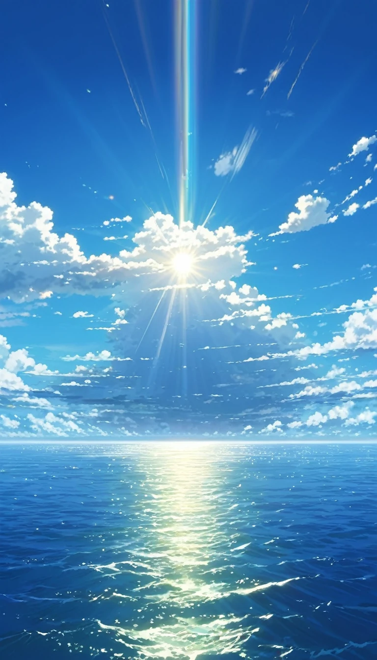 a picture of the sky with cloud and sun shining in the background, beautifull puffy cloud. anime, anime cloud, anime sky, blue sea. by Makoto Shinkai, beautiful anime scenery, Space Sky. by Makoto Shinkai, anime. by Makoto Shinkai, by Makoto Shinkai, by Makoto Shinkai, ( ( makoto shinkai ) ), anime scenery, anime atmospheric, Makoto Shinkai&#39;s Style, makoto shinkai. —h 2160, makoto shinkai. High detail, wallpaper anime blue water, Bright Sky、Heaven Background, cloud. Fantasy, anime landscape wallpaper, Makoto Shinkai&#39;s art style.(Quality-8k)