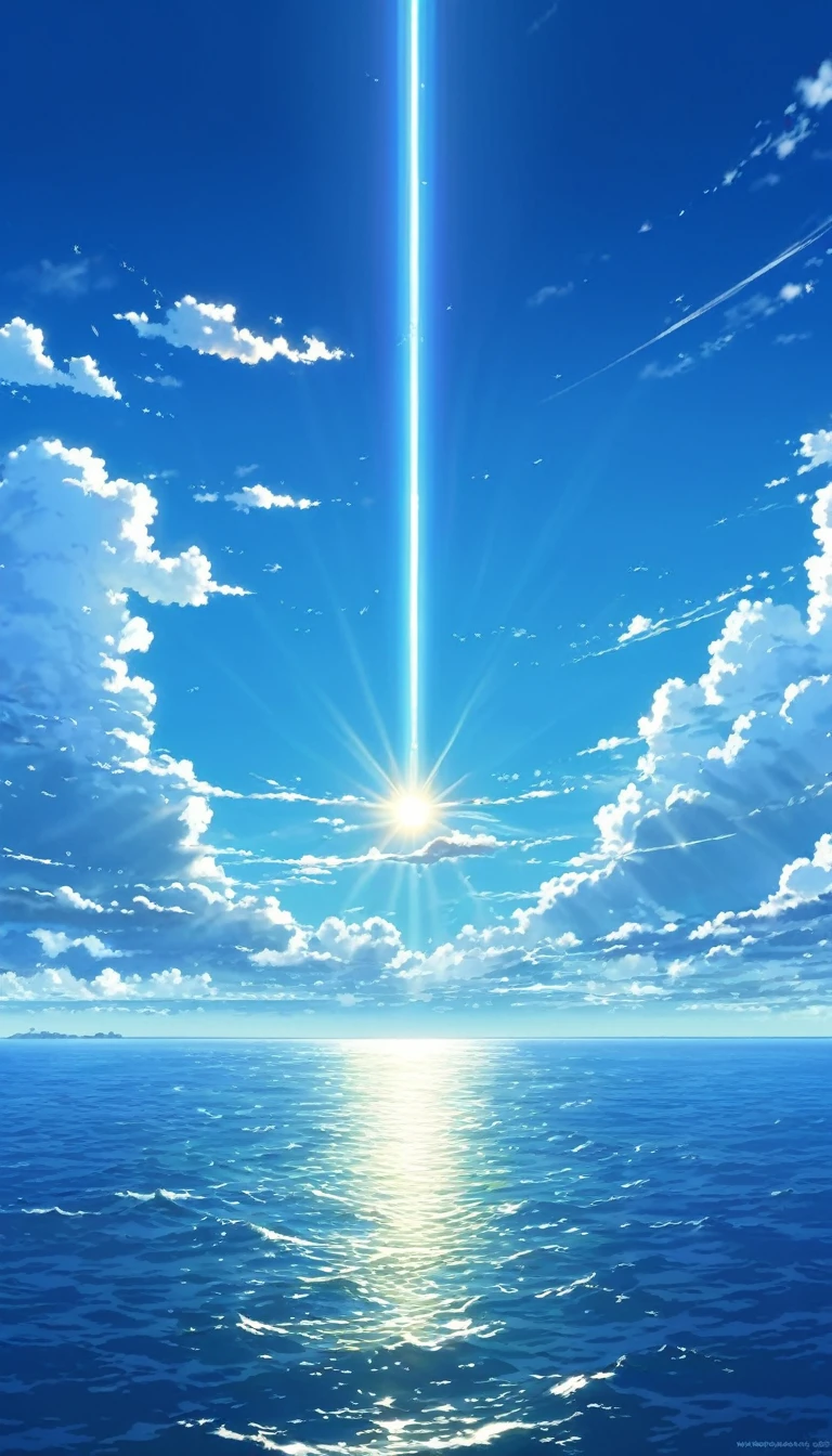 a picture of the sky with cloud and sun shining in the background, beautifull puffy cloud. anime, anime cloud, anime sky, blue sea. by Makoto Shinkai, beautiful anime scenery, Space Sky. by Makoto Shinkai, anime. by Makoto Shinkai, by Makoto Shinkai, by Makoto Shinkai, ( ( makoto shinkai ) ), anime scenery, anime atmospheric, Makoto Shinkai&#39;s Style, makoto shinkai. —h 2160, makoto shinkai. High detail, wallpaper anime blue water, Bright Sky、Heaven Background, cloud. Fantasy, anime landscape wallpaper, Makoto Shinkai&#39;s art style.(Quality-8k)