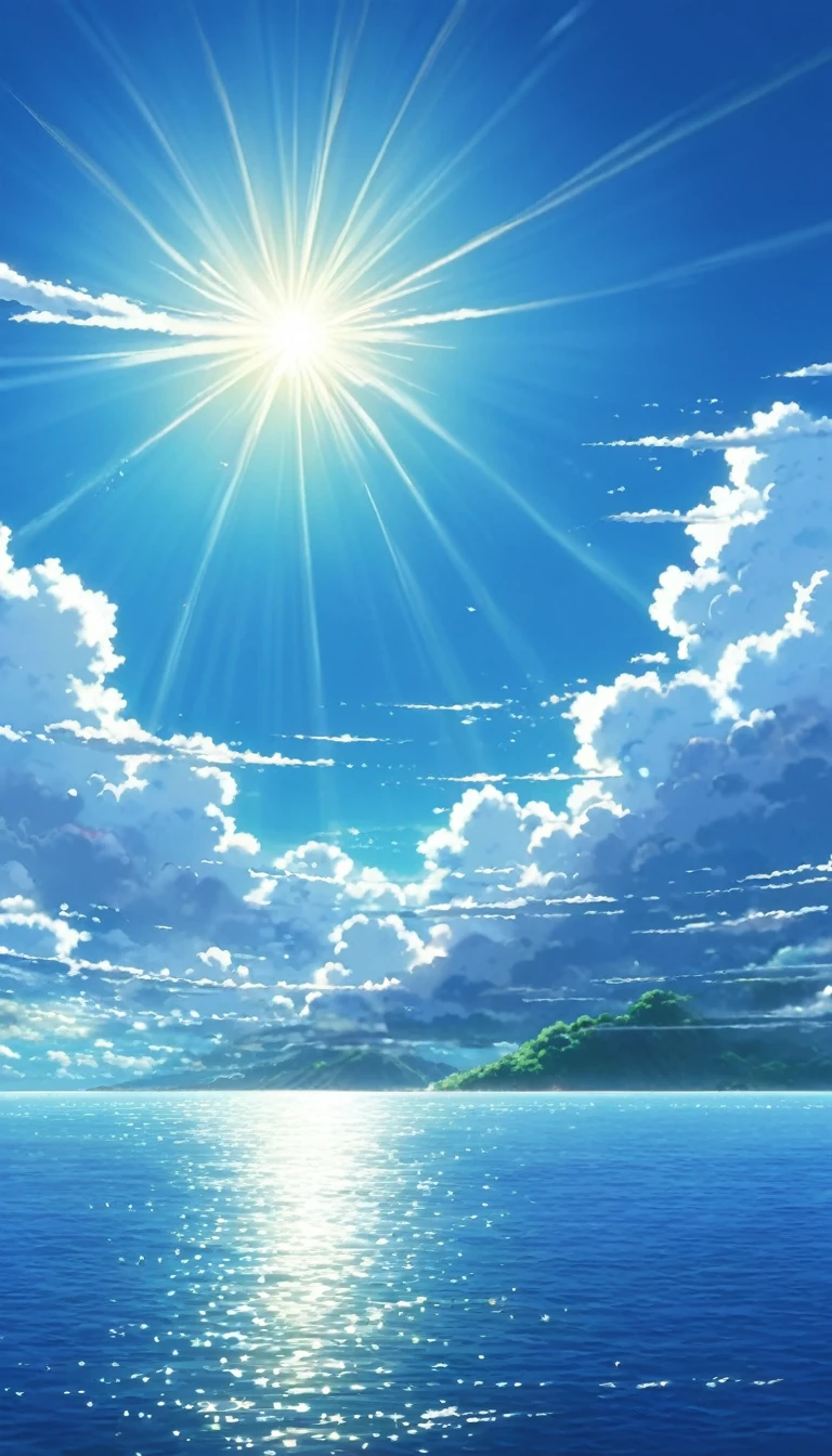 a picture of the sky with cloud and sun shining in the background, beautifull puffy cloud. anime, anime cloud, anime sky, blue sea. by Makoto Shinkai, beautiful anime scenery, Space Sky. by Makoto Shinkai, anime. by Makoto Shinkai, by Makoto Shinkai, by Makoto Shinkai, ( ( makoto shinkai ) ), anime scenery, anime atmospheric, Makoto Shinkai&#39;s Style, makoto shinkai. —h 2160, makoto shinkai. High detail, wallpaper anime blue water, Bright Sky、Heaven Background, cloud. Fantasy, anime landscape wallpaper, Makoto Shinkai&#39;s art style.(Quality-8k)
