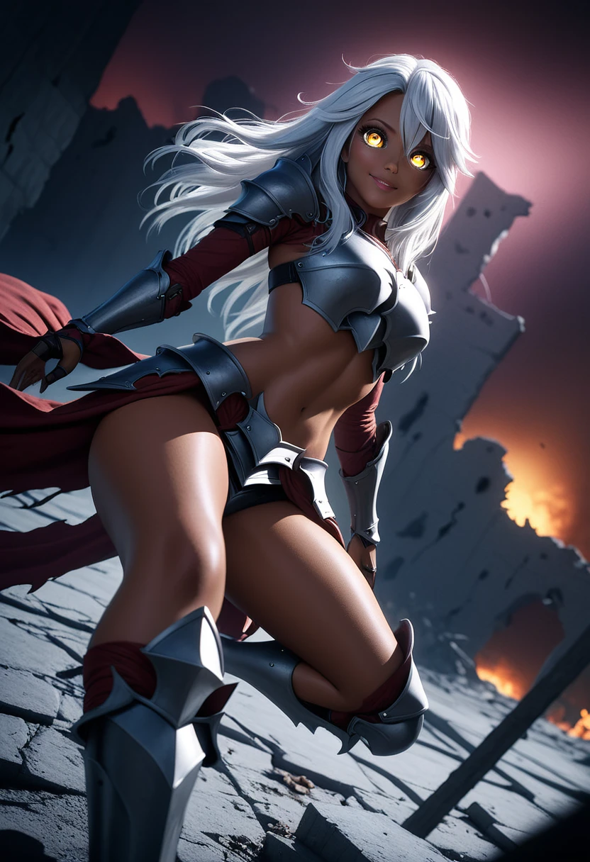 (masterpiece, top quality, best quality, beautiful and aesthetic:1.2), full body, SFW, extremely detailed, detailed eyes, detailed hands, cinematic light, depth of field, 1girl, seducing smile, solo, official, (armored knight:1.4), dark armor, chloe von, silver hair, golden eyes, tanned, tan skin, slim body, cinematic lighting, dramatic lighting, dramatic atmosphere, hyper-realistic, high resolution, stunning contrast, high quality, best quality, 8k, 4k, intricately detailed, (amazing details:1.2), highly detailed skin, powerful presence, vibrant colors, (detailed eyes:1.2), striking eyes, (detailed background), (warzone on background, night, ruins), (dynamic angle:1.2), (dynamic pose:1.2)