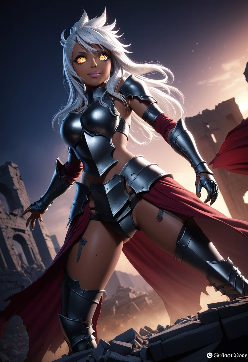 (masterpiece, top quality, best quality, beautiful and aesthetic:1.2), full body, SFW, extremely detailed, detailed eyes, detailed hands, cinematic light, depth of field, 1girl, seducing smile, solo, official, (armored knight:1.4), dark armor, chloe von, silver hair, golden eyes, tanned, tan skin, slim body, cinematic lighting, dramatic lighting, dramatic atmosphere, hyper-realistic, high resolution, stunning contrast, high quality, best quality, 8k, 4k, intricately detailed, (amazing details:1.2), highly detailed skin, powerful presence, vibrant colors, (detailed eyes:1.2), striking eyes, (detailed background), (warzone on background, night, ruins), (dynamic angle:1.2), (dynamic pose:1.2)
