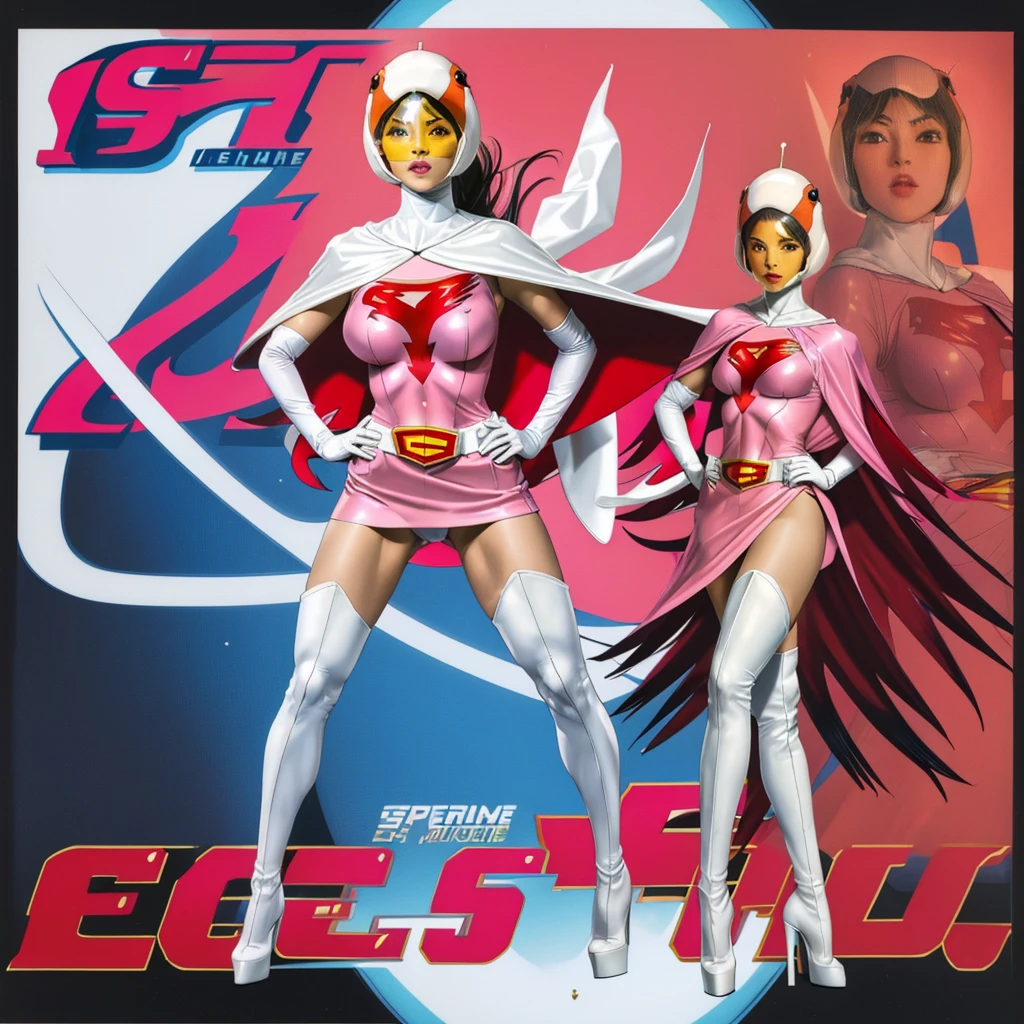 ANI_CLASSIC_jun_gatchaman_ownwaifu,1girl, ,good anatomy, masterpiece, best quality,realistic, hyper realistic, 16k hdr, long hair,breasts,lips,large breasts,lipstick,makeup,gloves,cape,helmet,belt,elbow gloves,white gloves,mask,ultra miniskirt,leotard,spacesuit,white tight overknee highheels boots,pink dress,superhero,bodysuit,cleavage,erected nipples,(stand pose,hands on hip),(spread legs:1.1),cameltoe