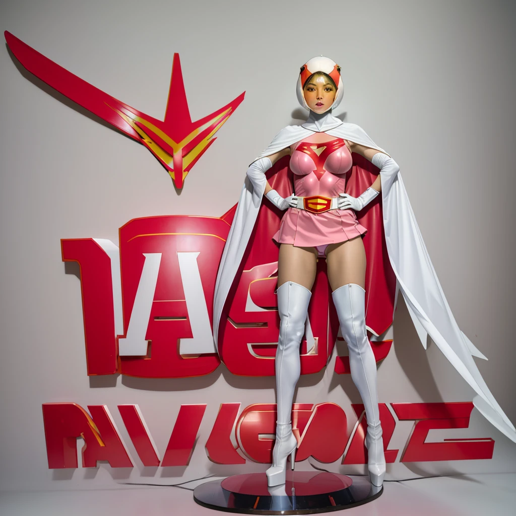 ANI_CLASSIC_jun_gatchaman_ownwaifu,1girl, ,good anatomy, masterpiece, best quality,realistic, hyper realistic, 16k hdr, long hair,breasts,lips,large breasts,lipstick,makeup,gloves,cape,helmet,belt,elbow gloves,white gloves,mask,ultra miniskirt,leotard,spacesuit,white tight overknee highheels boots,pink dress,superhero,bodysuit,cleavage,erected nipples,(stand pose,hands on hip),(spread legs:1.1),cameltoe