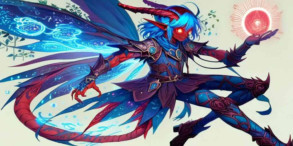 Ancient anime style, artbook, comicbook, RPG, futuristic medieval. In a magical forest with lush tones, with magical flourishing vegetation, giant flourishing trees, with shining stars in the sky, flourishing clouds. Wide scenery, with two vanishing points, cinematic scene with several layers of depth, dynamics, magical lighting. A flying fairy demon elf wizard, wearing blue medieval magic armor with glowing magic markings, dynamic pose, full body, human face with glowing blue magic tribal tattoos with fancy tones, magic stone matte red skin with glowing carved markings, demon features and fairy, horn with glowing red magic markings, red demon tail, blooming blue fairy wing, glowing eyes, wearing a red demon horn magic dagger with glowing magic markings.
