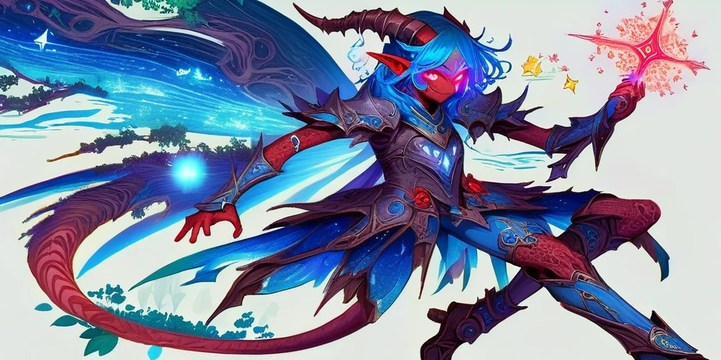 Ancient anime style, artbook, comicbook, RPG, futuristic medieval. In a magical forest with lush tones, with magical flourishing vegetation, giant flourishing trees, with shining stars in the sky, flourishing clouds. Wide scenery, with two vanishing points, cinematic scene with several layers of depth, dynamics, magical lighting. A flying fairy demon elf wizard, wearing blue medieval magic armor with glowing magic markings, dynamic pose, full body, human face with glowing blue magic tribal tattoos with fancy tones, magic stone matte red skin with glowing carved markings, demon features and fairy, horn with glowing red magic markings, red demon tail, blooming blue fairy wing, glowing eyes, wearing a red demon horn magic dagger with glowing magic markings.
