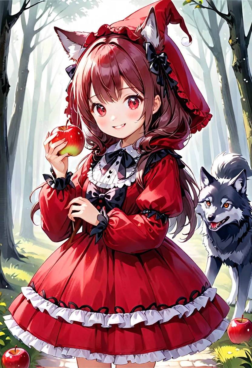 fairy tale Little Red Riding Hood A cute girl wearing a cute red Lolita-style dress Adorable smile Red apple in hand Wolf Scary witch