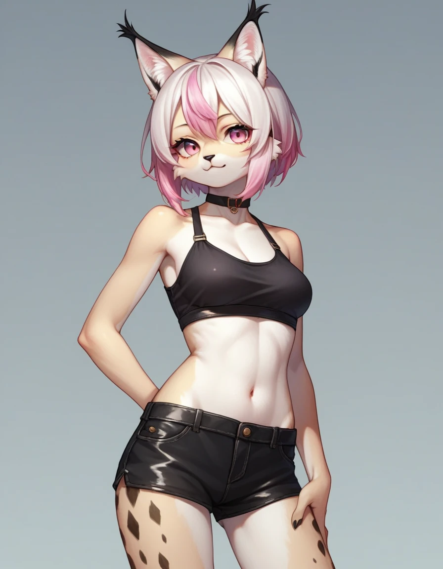 , score_9,score_8_up,score_7_up, source_cartoon, kemono style, an Anthro furry albino lynx girl, white furry body, black lynx spots, black ear tips, short white hair with pink tips on hair, pink highlights in hair, pink eyes, wearing pink and white parka, black short shorts, seductive, standing, upper body shot