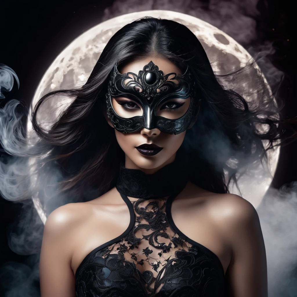 woman with a sensual mask, sexy, black moon background, 8K, dark light, with smoke
