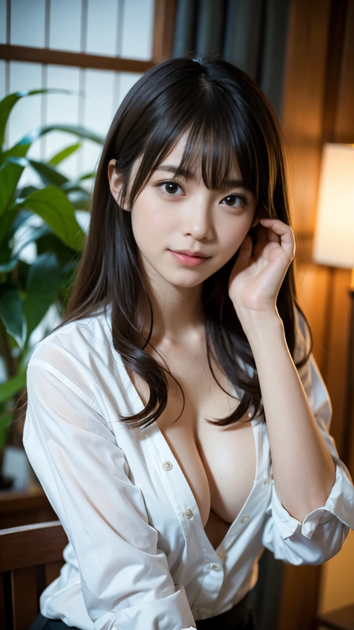Natural strawberry blonde and redhead girls with pretty faces, Cute pose, Happy wearing a white button shirt, body, skinny, Atmospheric, Dark atmosphere, Edge lighting, Mao Akiyama、Sayaka Yamamoto、Jurina Matsui、Saito Asuka、Mao Akiyamaの顔の特徴8K, , Full body portrait, elegant, Natural light, Spooky greenhouse at night, Sharp focus, Highly detailed face, Beautiful Face, smile, Happy, K UHD, Hmph, D Cup, Beautiful and soft skin, Vibrant Skin, Photorealism, Unbutton a white shirt, Cleavage, Detailed eyes and face, Professional photography techniques, , The optimal ratio is four fingers to one thumb, Perfect proportions