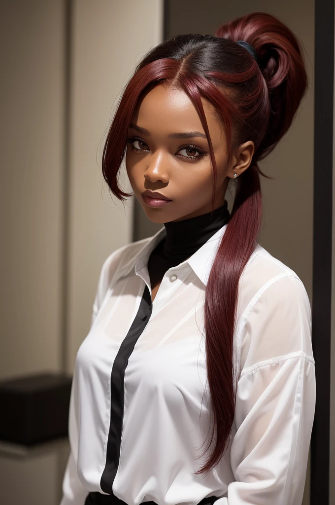 a black woman,with dark red hair,who wears a ponytail hairstyle, eyes black, with a white blouse