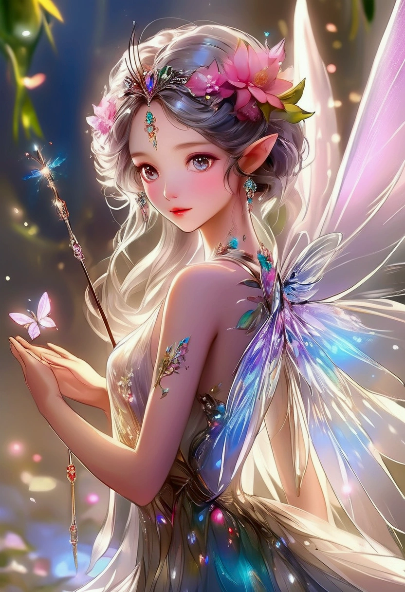 Flower fairy, Transparent colorful wings, Magic wand,China-style,8K,Light mature style,The eyes are melancholy,anatomy correct,Tears in the eyes,Feminine background