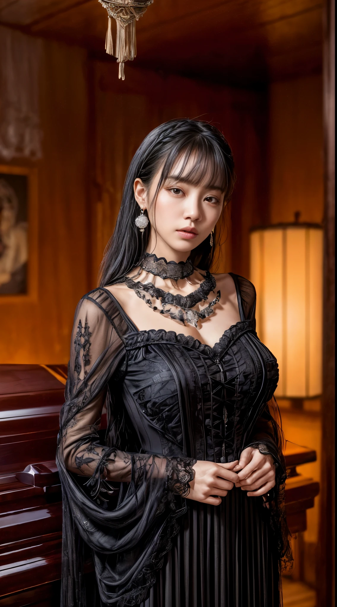 Cowboy Shot、(Hairstyle with bangs)、straggling hair、Black Hair、(Hanging Hair)、((widow))、((mourning dress))、((((Black long sleeve mourning clothes))))、(((Japanese-style room)))、((((Funeral))))、((Big Breasts))、Super tight black formal wear、Highest quality,(RAW Photos:1.2)、(Realistic:1.4),(High resolution:1.4), 1 Girl, Written boundary depth,, Exquisitely crafted,8K, Very detailed, Perfect lighting, Spectacular Background、((Delicate painting))，(女の子の詳細なRAW Photos),(Highest quality:1.6), (超High resolution:1.5), (Realistic:1.75), 8K resolution, Canon EOS R5, 50mm,  Very detailedな,Cinema Lighting,Correct finger、sit、Pearl Necklace、Pearl Earrings、(Clothing that covers the chest)、((There is a coffin))、((Minimally revealing clothing))、(The altar is decorated with a bouquet of chrysanthemums.)、candlestick、