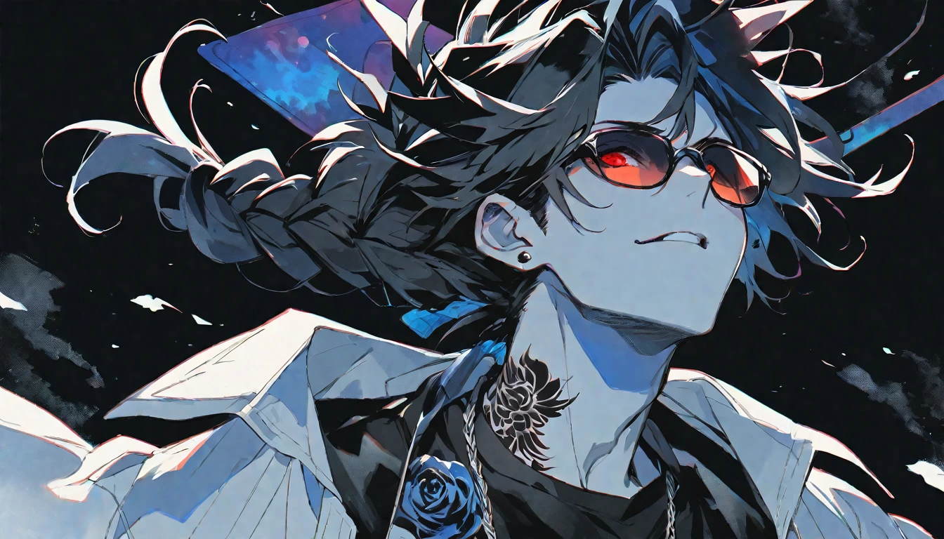 Solo,handsome, monochrome,watercolor,1 male, Ponytail, Braided black hair, red eyes, Gojo Satoru,casual,Blue Rose Tattoo,black Oversized 服,casual,Stylish,cool,Wear sunglasses around your neck,Void,look up,
blackbackground,İcon,Despise face up,Blue Sky