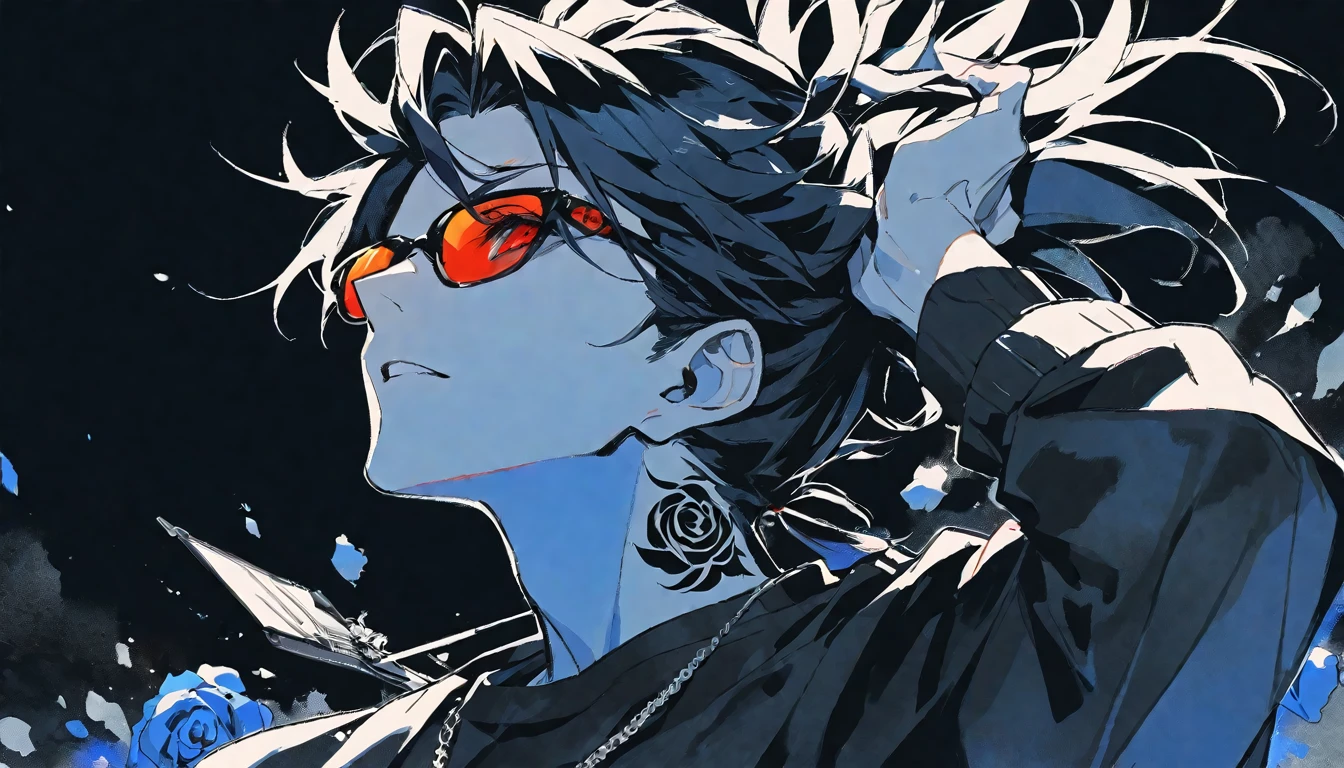 Solo,handsome, monochrome,watercolor,1 male, Ponytail, Braided black hair, red eyes, Gojo Satoru,casual,Blue Rose Tattoo,black Oversized 服,casual,Stylish,cool,Wear sunglasses around your neck,Void,look up,
blackbackground,İcon,Despise face up,Blue Sky