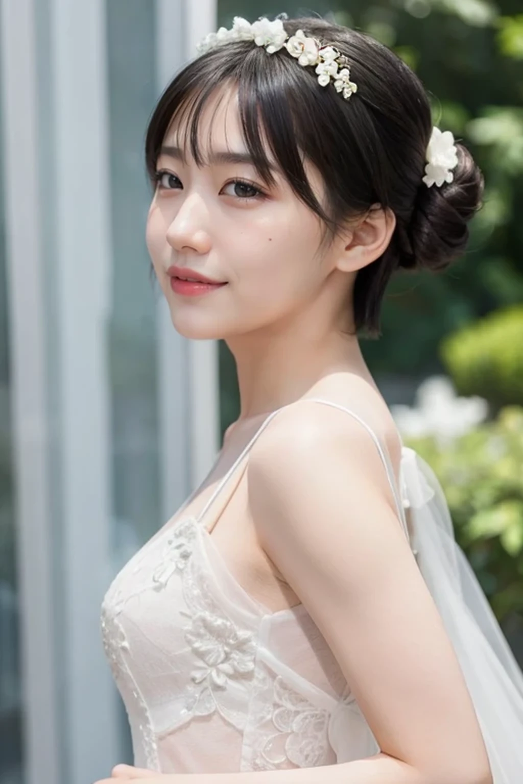 (wedding bun short hair:1.2), (white wedding dress, intricate dress, ball gown, bridal veil, bride, curtains, depth of field, dress, flower, hair flower, hair ornament, see-through, white flower, white rose:1.1), (face full of joy:1.3), one girl, 14 years old, 8k, RAW photo, best quality, masterpiece, realistic, photo-realistic, clear, professional lighting, BREAK, no makeup face, smile, BREAK, (small breasts:1.2), (looking back:1.2), (black eyes, black hair:1.2)r, full body