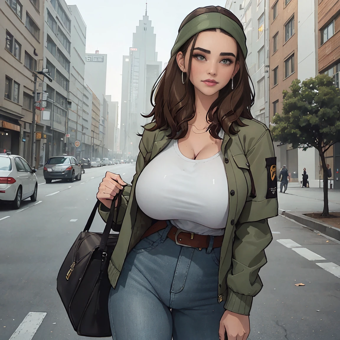 Extremely busty thin and toned brunette photographer, college girl, fair skin, loose side sweep, soft face, athletic, bandana babushka headwrap, tight olive green casual windbreaker, skinny jeans. standing in front of her apartment building, outdoors, city, camera bag, cleavage