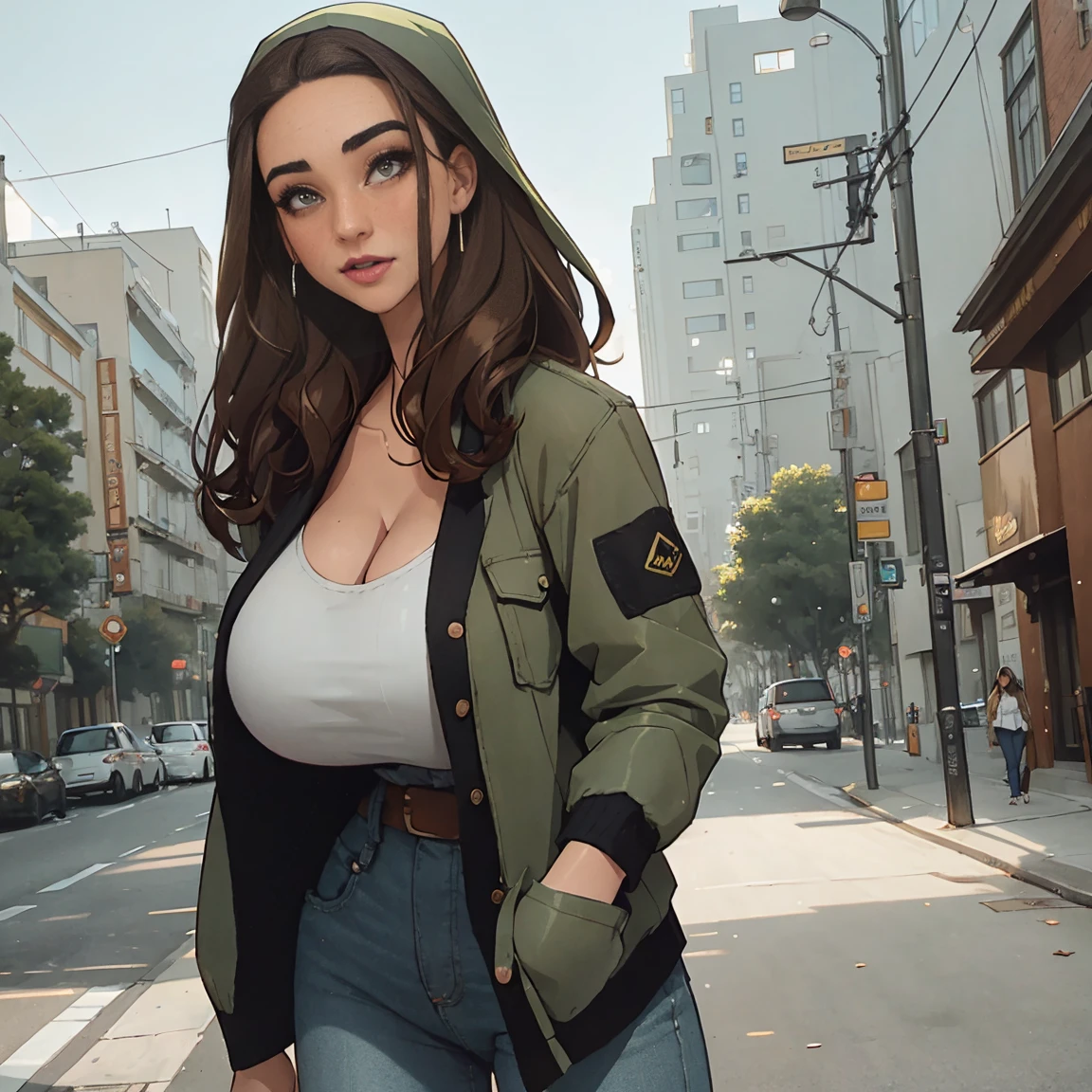 Extremely busty thin and toned brunette photographer, college girl, fair skin, loose side sweep, soft face, athletic, bandana babushka headwrap, tight olive green casual windbreaker, skinny jeans. standing in front of her apartment building, outdoors, city, camera bag, cleavage 