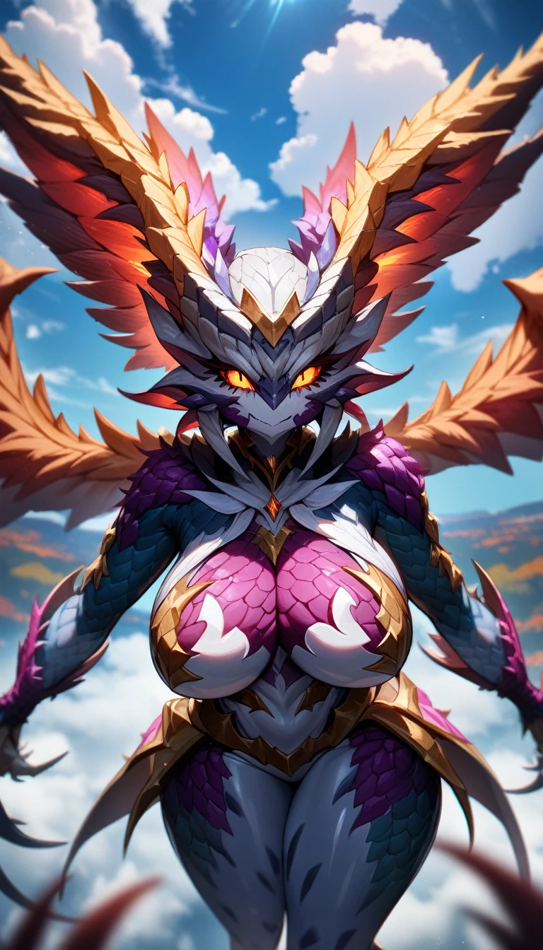1girl,solo,super detailed skin,shiny skin,expressionless,majestic wings, claws, scaly skin, glowing eyes,eyelashes,lips gloss,fangs ,dragon skin,large breasts,beautifully shaped breasts,vibrant colors ,sitting apart legs ,masterpiece,best quality,ultra detailed,high resolution,sharp focus,depth of field,