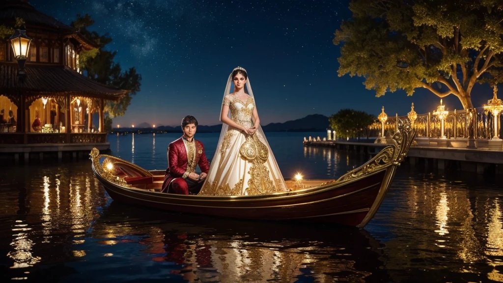 Fantasy art creation: an image of two hyperrealistic anthropomorphic otters, sparkly amber eyes, dressed in elegant wedding attire, facing each other, sitting in an ornate half-shell boat floating on water, a half shell gold and glass intrictae fan behind them positioned upright, Their boat also made of glass and very intricate gold filigree detail. romantic feel. night lights. moonlit. colorful. bkg heart-shaped fresh strawberries hang from trees. whimsical. bright image