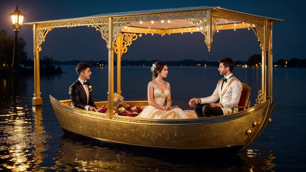 Fantasy art creation: an image of two hyperrealistic anthropomorphic otters, sparkly amber eyes, dressed in elegant wedding attire, facing each other, sitting in an ornate half-shell boat floating on water, a half shell gold and glass intrictae fan behind them positioned upright, Their boat also made of glass and very intricate gold filigree detail. romantic feel. night lights. moonlit. colorful. bkg heart-shaped fresh strawberries hang from trees. whimsical. bright image