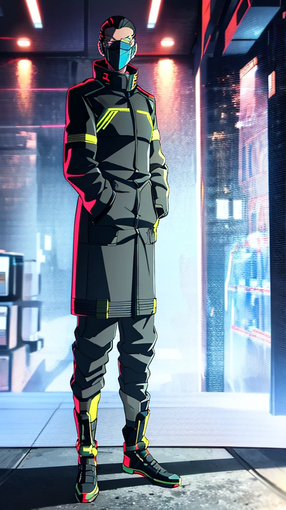 Male, fully cybernetic, full 'borg, military special forces cyborg, wearing futuristic armored camouflage tactical trenchcoat, cybernetic body and fully cybernetic head, head and face covered by full-face tactical visor, full body shot, fully in frame, standing at attention, hands in pockets, lone figure, sole person, Cyberpunk Edgerunners style, edgerunners_style
