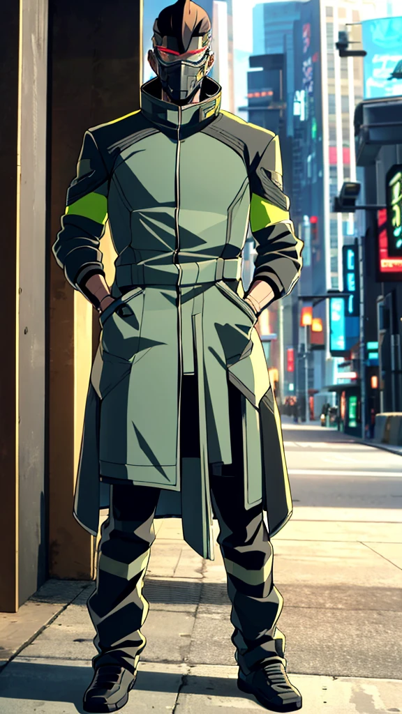 Male, fully cybernetic, full 'borg, military special forces cyborg, wearing futuristic armored camouflage tactical trenchcoat, cybernetic body and fully cybernetic head, head and face covered by full-face tactical visor, full body shot, fully in frame, standing at attention, hands in pockets, lone figure, sole person, Cyberpunk Edgerunners style, edgerunners_style