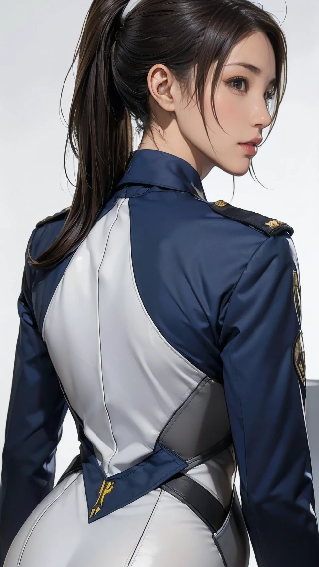((masterpiece)),(((highest quality))),((Reference Sheet, Character Design, front, return, ~ ~ ~ side, Mr...々Hairstyle, Mr...々performance, Facial Expressions)), -yeld gi Cute type, (Very slim:1.4), (Very small ass:1.4), Realistic buttocks, Mid-chest, Blonde ponytail:1.2,Thin thighs, Long legs, It's not a big deal,(A female Earth Federation officer is walking), (Wearing Earth Federation military uniform, White and dark grey uniform),(Worn by federal government employees'White Hat:1.5)